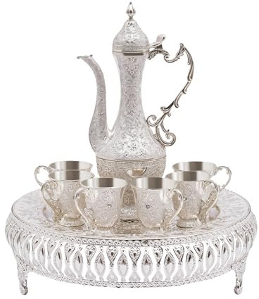Ensemble Tasse à Café et Théière Européen - Service avec 1 Théière et 6 Tasses pour Décoration de Table, Salon, Salle à Manger, Entreprise, Entrée (Argent)