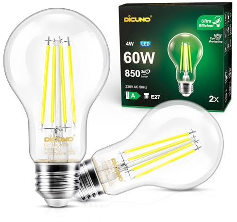 DiCUNO Edison Light E27 Edison Screw Bulb 4W (60W Equivalent), Clear Filament Bulb A60, Energy Efficient A Class LED, 4000K, 850LM, Non-dimmable, 2 Pcs