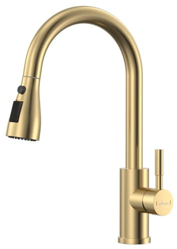 APPASO Gold Kitchen Tap, Kitchen Sink Taps Mixer with Pull Out Spray, Kitchen Mixer Tap with 3 Spary Modes, 360° Swivel Single Handle Gold Tap for Kitchen Stainless Steel Brushed Gold-Double Broom