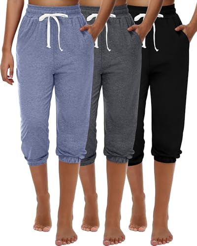 Ficerd 3 Pezzi Pantaloni della Tuta Capri da Donna Pantaloni da Jogging Estivi Casual Sportivi Cropped Pantaloni da Salotto a Vita Alta Sportivi con Tasche