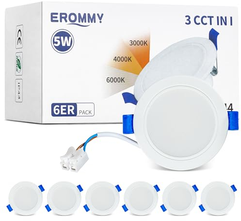 EROMMY LED Einbaustrahler 230V,5W LED Spot 550LM,Stufenlos Dimmbarer Deckenspots,3000K/4000K/6500K Einbauspots,Ø65-80mm,Deckenstrahler led IP44 für Badzimmer Wohnzimmer Küche Schlafzimmer,6St.