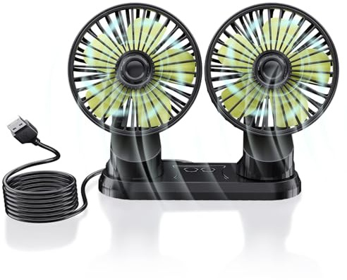 Ymenow USB Powered Fan for Car, 5V Electric Cooling Fan Silent Powerful with Dual-Head 360 Degree Rotation and 3 Speeds, Portable Mini Small Desk Fans for Car Dashboard Room Bedroom Desktop Home Use