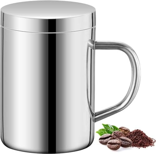 WSAMJIN 400ml Double Walled Coffee Mug, Insulated Stainless Steel Coffee Cup Travel Mug with Handle and Lid Camping Mug for Coffee, Milk,Juice,Tea and Other Cold or Hot Drinks