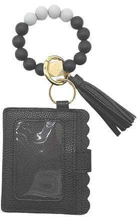 Wristlet Keychain Bracelet Credit Card Holder Wallet Key Ring Silicone Tassel Keychain Beaded Bangle For Women Gifts Keychains for Party Bags (Black, One Size)
