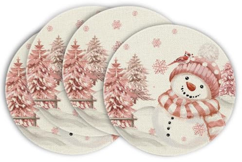 Artoid Mode Rosa Schneemann Weihnachten Runde Platzsets 4er Set, 37cm Winter Xmas Tischset Platzdeckchen Küche Party Deko