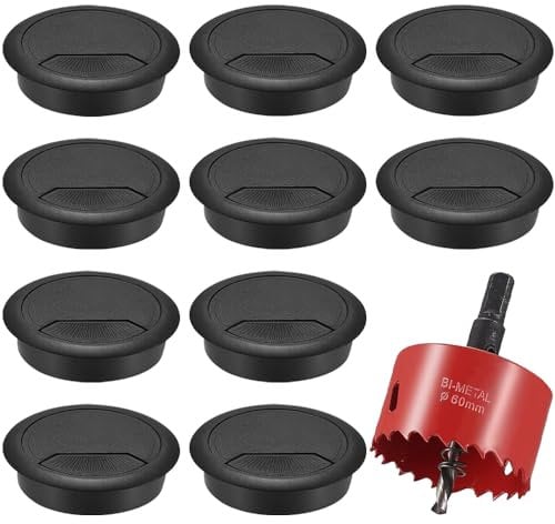 Schreibtisch Kabeldurchführung, 12 Stück Kabeldurchlass 60mm, Kabellochabdeckungen, Kabeldurchlass mit 1 Lochsäge Kabelabdeckung, Kabeldurchführung Schreibtisch für Tisch Büro Arbeitsplatten Schwarz