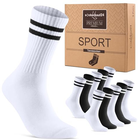 sockenkauf24 Socken Damen Sportsocken Weiß 35-38 Tennissocken Schwarz Gepolstert Atmungsaktive Baumwolle 5 Paar Retro Crew-Socken (Schwarz/Weiß)