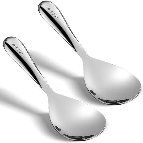 Comicfs 2Pcs Rice Spoon 304 Stainless Steel Rice Paddle Spoon Thickened Nonstick Rice Spatula Rice Scooper Rice Cooker Spoon Food Serving Spoon Scoop Kitchen Utensils for Home Restaurant Hotel(Bright)