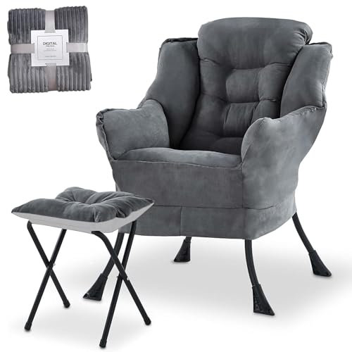 BBTEQEKN Relaxsessel Sessel (Dunkles Grau), Relaxliege Freizeitsofa mit Klappbarer Fußstütze und Seitlicher Aufbewahrungstasche, Samtstoff Relax Loungesessel mit Decke für Schlafzimmer, Wohnzimmer