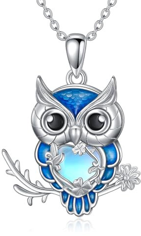 HARMONY BOLA Eulen Halskette 925 Sterlingsilber Mondstein Eulen Anhänger Halskette Eulenschmuck für Frauen Geburtstag