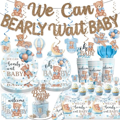 Yingoto 170 Pcs Teddy Bear Baby Shower Decorations Tableware Set, Includes Banner, Plates, Tablecloth, Serves 25 Guests
