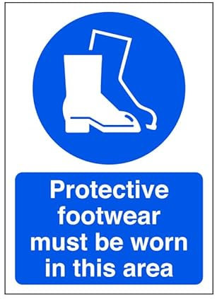 Protective footwear must be worn in this area - safety sign, ppe clothing, ppe - 1.2mm Rigid plastic for indoor/outdoor usage (200mm x 150mm) Viewing Distance within 5m.