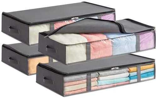 Lifewit 75L Unterbett-Aufbewahrungsbehälter, 4er-Pack, faltbare Kleideraufbewahrungsbeutel mit klarem Vorderfenster, Kleiderschrank-Organizer und Aufbewahrung für Handtücher, Kleidung, Decken, Grau