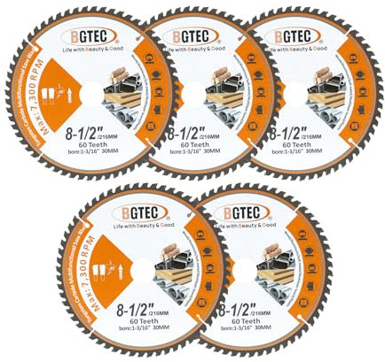 BGTEC Profi TCT Sägeblatt Trennscheibe ⌀216x30mm Multifunktional Kreissägeblatt Schneiden Dics 60 Zähne für Holz Kunststoff Aluminium passend, 5 STÜCK
