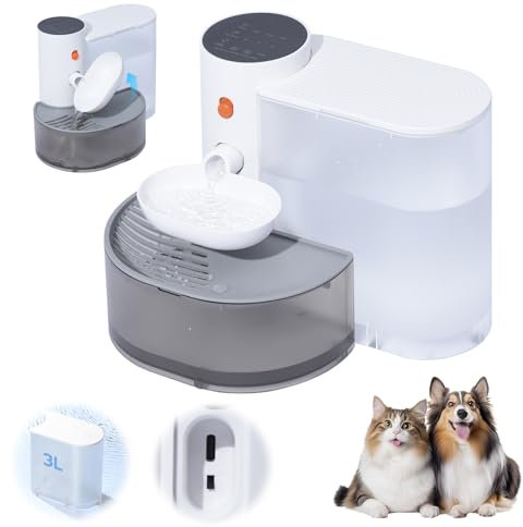 Auveach Fuente de Agua para Gatos Perros 3L, Inalámbrica con 3 Niveles de Tiempo Intervalo y Volumen Dispensador de Agua para Gatos Drenaje Automático, Sin Filtros, Ultra Silenciosa
