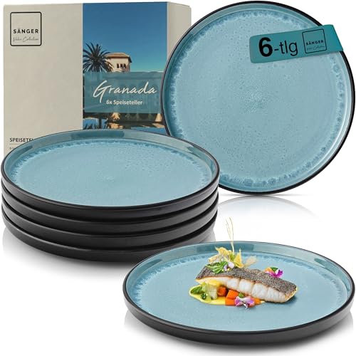 SÄNGER Granada | Teller Set 6 Personen, Steingut Geschirr Set 6 tlg, Speiseteller Essteller Dinner Set kratzfest, Plates Set spülmaschinenfest, Speise Teller blau mit schwarzem Rand | VALUE COLLECTION