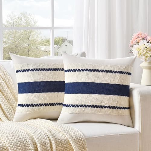 FDTERN 2er Set Boho Kissenbezug 40x40 Navy Blau,Dekorative Leinen Kissenbezüge Kissenhülle Dekokissenbezug Sofakissen Dekokissen Deko für Sofa Schlafzimmer Wohnzimmer