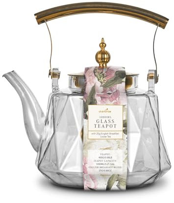 Charbrew 1000ml Clear Glass Teapot with Infuser - Borosilicate Glass, Gold Lid & Handle - for Loose Leaf Tea, Teabags & Blooming Tea - Serves 5 Cups
