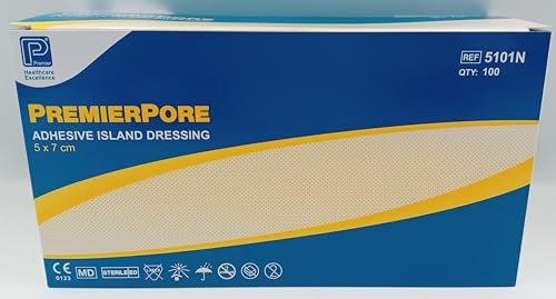 PremierPore Adhesive Island Dressings – Sterile, Breathable Wound Dressings with Absorbent Non-Adherent Pad (5x7, 100, Count)