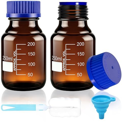 Ferenando 2 Pcs 250ml Flacon Verre Ambré avec Bouchon à Vis GL45 | Bouteille en Verre Hermétique,Flacons de Stockage de Réactifs Gradués, Flacons en Verre Ambré avec Entonnoir & Brosse