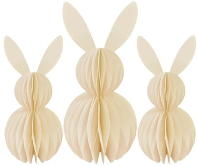 Osterdekorationen: Waben, Papierwaben, Papier-Osterdekorationen, weiße Papp-Osterhasenornamente mit Magneten auf der Rückseite
