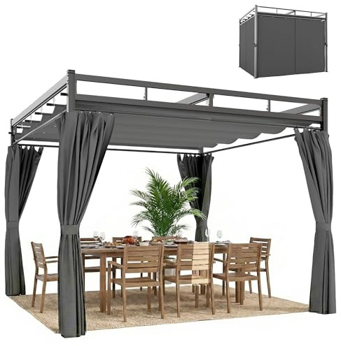 Outsunny Gazebo Pergola 3x3 m con Tetto Retrattile Scorrevole, 4 Pareti Laterali, Fori di Drenaggio, Pergolato da Giardino in Poliestere e Acciaio, per Patio, Terrazzo, Esterno, UV30+, Grigio Scuro