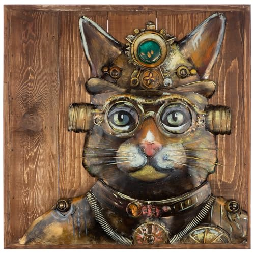GILDE Bild Steampunk Cat - quadratisch - Holz und Metall - Katzenmotiv - braun - Höhe 50cm x Breite 50cm