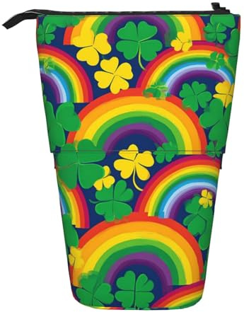 KWQDOZF Estuche para lápices Rainbow Clover de pie, Estuche telescópico para lápices con diseño de tréboles, Organizador expandible para artículos de Oficina, Maquillaje y Viajes.