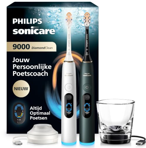 Philips Sonicare Next-Generation DiamondClean 9000 elektrische Zahnbürste - Feedback zur Putzabdeckung, Andruckkontrolle und 21 Einstellungen, Silberweiß & Mitternachtsgrün, 2er-Pack, HX9216/89