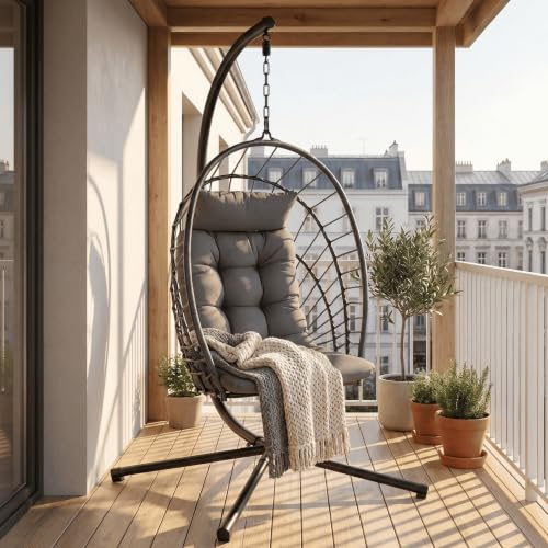 LIFERUN Hängesessel mit Gestell, Faltbarer Eiersessel mit Kissen, In- & Outdoor Freizeitsessel, Schaukel für Erwachsene & Kinder, für Garten, Terrasse, Balkon, Wohnzimmer, Belastbar bis 160 kg (Grau)