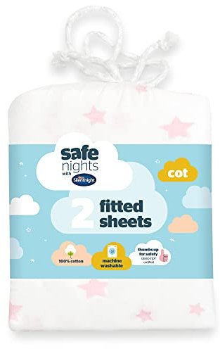 Silentnight Safe Nights Cot Size Fitted Sheets Set 100% Jersey Cotton Bedside Compatible Pack of Two Pink Star Easy Care Super Soft Cuddly for Baby with Storage Bag (70cm x140cm x 12cm), 2 Count (Pack of 1)