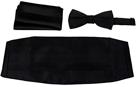 Herren-Kummerbund aus gewebtem Satin, vorgebundene Fliege, Einstecktuch, viele einfarbige Farben erhältlich - Schwarz - Einheitsgröße
