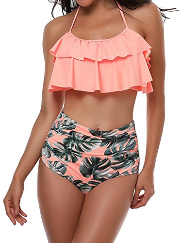 TEERFU Swimsuit for Women Two Pieces Bathing Suits Top Ruffled Flounce Swimwear Tummy Control High Waisted Bottom Bikini Set