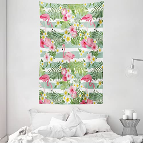 ABAKUHAUS Flamingo Wandteppich und Tagesdecke, Exotische Hawaii-Blatt aus Weiches Mikrofaser Stoff Waschbar ohne Verblassen Digitaldruck, 140 x 230 cm, Grün Weiß