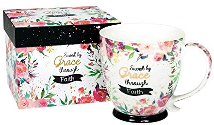 Christliche Geschenkideen Geschenktasse in passender Box Saved by Grace Eph 2,8 im Vintage Blumen Muster