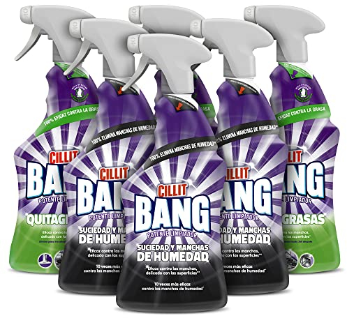 Cillit Bang - Spray Limpiador Suciedad y Manchas de Humedad, para Baños y juntas negras + Spray Quitagrasas, para cocinas - Pack 6 x 750 ml