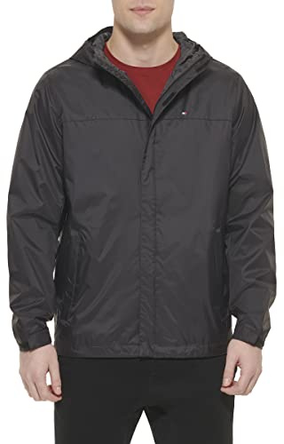 Tommy Hilfiger Men's Waterproof Breathable Hooded Jacket Raincoat, Black, XS