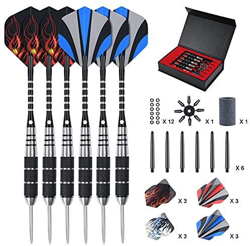 flintronic Dartpfeile, 6 Stück 22 Gramm Steel Darts Pfeile Set, Aluminium Darts Schäfte, 6 Edelstahlpfeile, 6 PVC-Schäfte, 12 O-Ringen, 12 Poly-Standard-Flights, Dartspitzer, Flugschutz, Geschenkbox