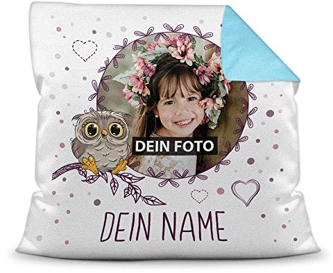 Kinder-Kissen mit Füllung - Eulen-Motiv - mit Foto & Text selbst gestalten - Geschenk für Mädchen & Jungen, Taufe, Geburtstag, Weihnachten I Personalisiert, Farbkissen Rückseite Hellblau, 40x40 cm