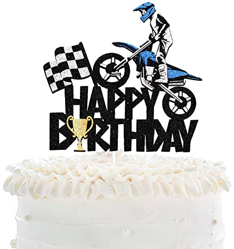 Motorcycle Happy Birthday Cake Topper - Extreme Sports Racing Birthday Party Glitter Autocycle Player Cake Topper - Sport Man Boy Motocross Racing Birthday Party Supplies