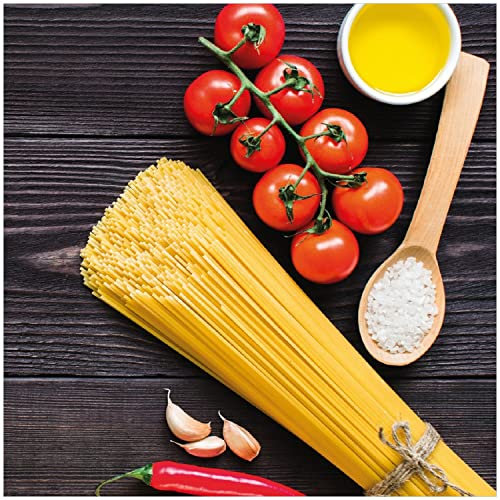 Wallario Glasbild Italienisches Menü mit Spaghetti, Tomaten, Salz und Chilischoten - 30 x 30 cm Wandbilder Glas in Premium-Qualität: Brillante Farben, freischwebende Optik