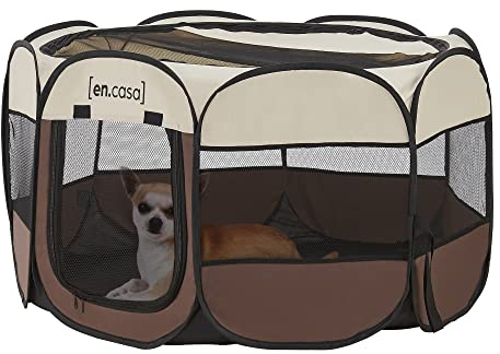 [en.casa] Hundelaufstall Telford 58 x 114 x 114 cm Pop Up Tierlaufstall für Innen- und Außenbereich Welpenlaufstall Hundehütte Braun/Cremefarben