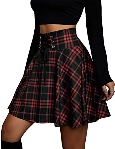 KOJOOIN Damen Rock Kariert Mini-Faltenrock Gothic Kleid Hohe Taille Cosplay Kleid A-Linie zum Schnüren Rot XL