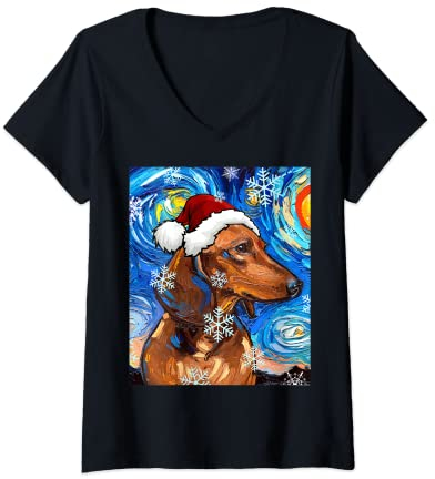 Damen Aja Kunstdruck, Motiv Dackel, Sternennacht, Weihnachtsmann, Braun T-Shirt mit V-Ausschnitt