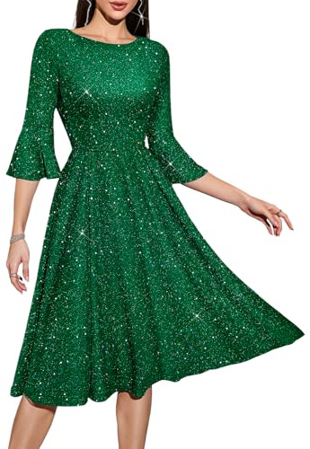 HomRain Vestido de iglesia para mujer, modesto, manga acampanada, invitada de boda, cóctel, fiesta de té, vestido de noche vintage, Verde brillante., S