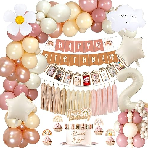 2. Geburtstagsdeko Mädchen Boho, Retro Rosa Geburtstagsdeko Luftballons mit Happy Birthday Banner, Folienballons, Papierquasten, Boho Partydeko Geburtstag für 2 Jahre Mädchen Birthday Deko