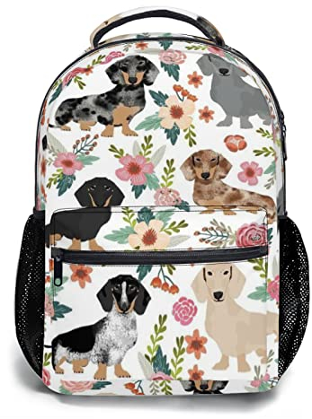 Giwawa Dackel-Hunde-Rucksack mit Blumenmuster für Kinder, Mädchen, Jungen, niedlicher Welpen, Tiermotiv, Schultaschen, Büchertasche mit mehreren Taschen für Studenten, Hund Blume, Einheitsgröße