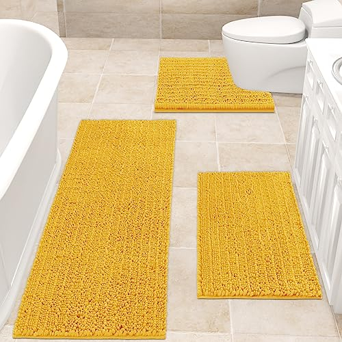 ACCUMTEK Upgrade Extra großes goldfarbenes Badezimmerteppich-Set, 3-teilig, ultraweich, dick, saugfähig, rutschfest, Chenille, WC-Vorleger für Badezimmer, Schlafzimmer, Küche, Gelb