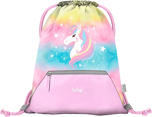 Baagl Turnbeutel für Mädchen, Wasserdichte Schuhbeutel für Kinder, Schule und Kindergarten Sportbeutel, Sportsack (Rainbow Unicorn)