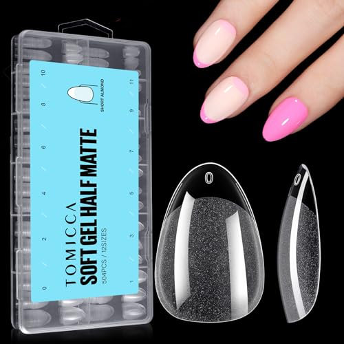 TOMICCA Short Almond Soft Gel Nail Tips, 504PCS Clear Half Matte Full Cover Tips, Pre-Buff No File, Break Resistant, 12 Sizes